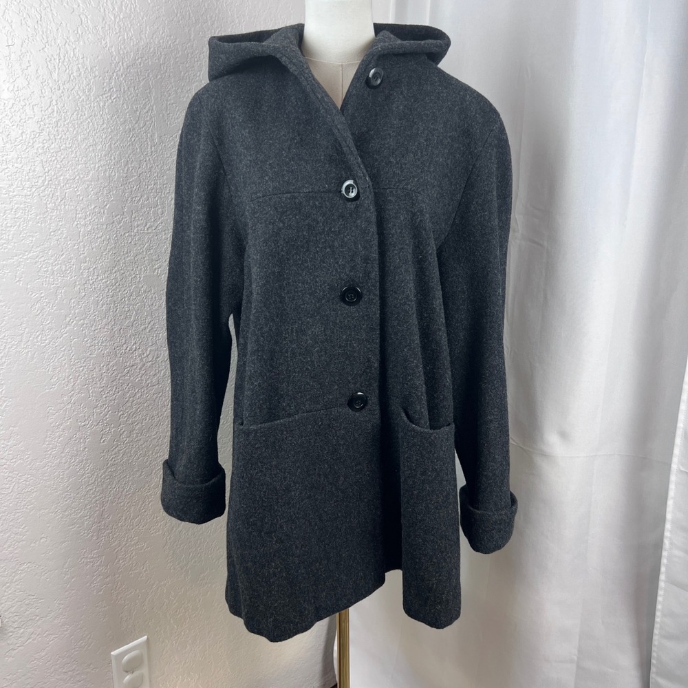 Y2K Liz Baker Wool Blend Hooded Coat Womens Large Grey Winter Jacket Academia